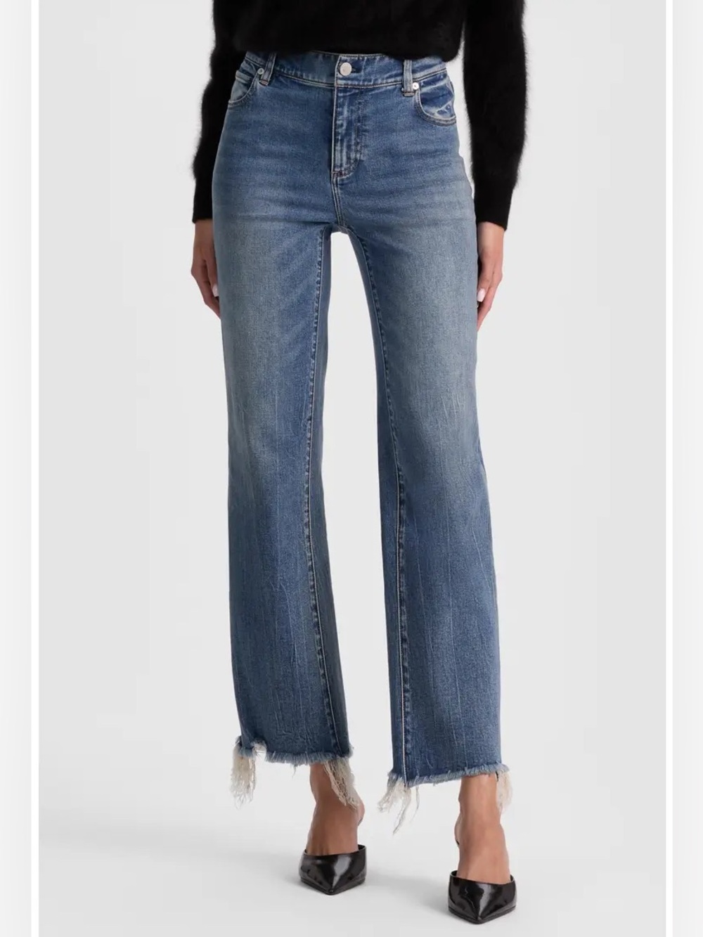 Alice + Olivia Fierce Slim Straight Jeans Size 29 Chewed Raw Hem Stretch Ankle
